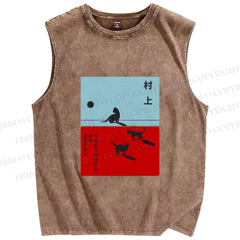 Unisex Haruki Murakami Cat Printed Washed Tank Top