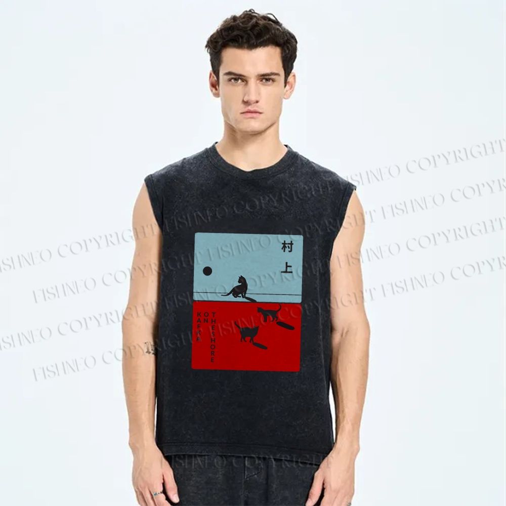 Unisex Haruki Murakami Cat Printed Washed Tank Top