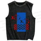 Unisex Geometry Fish Printed Washed Tank Top