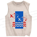 Unisex Geometry Fish Printed Washed Tank Top