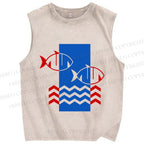 Unisex Geometry Fish Printed Washed Tank Top