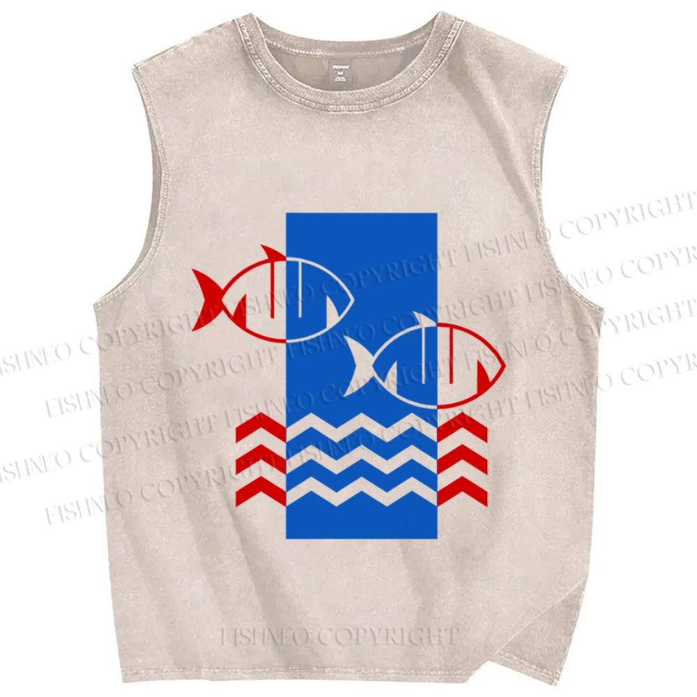 Unisex Geometry Fish Printed Washed Tank Top