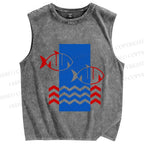 Unisex Geometry Fish Printed Washed Tank Top