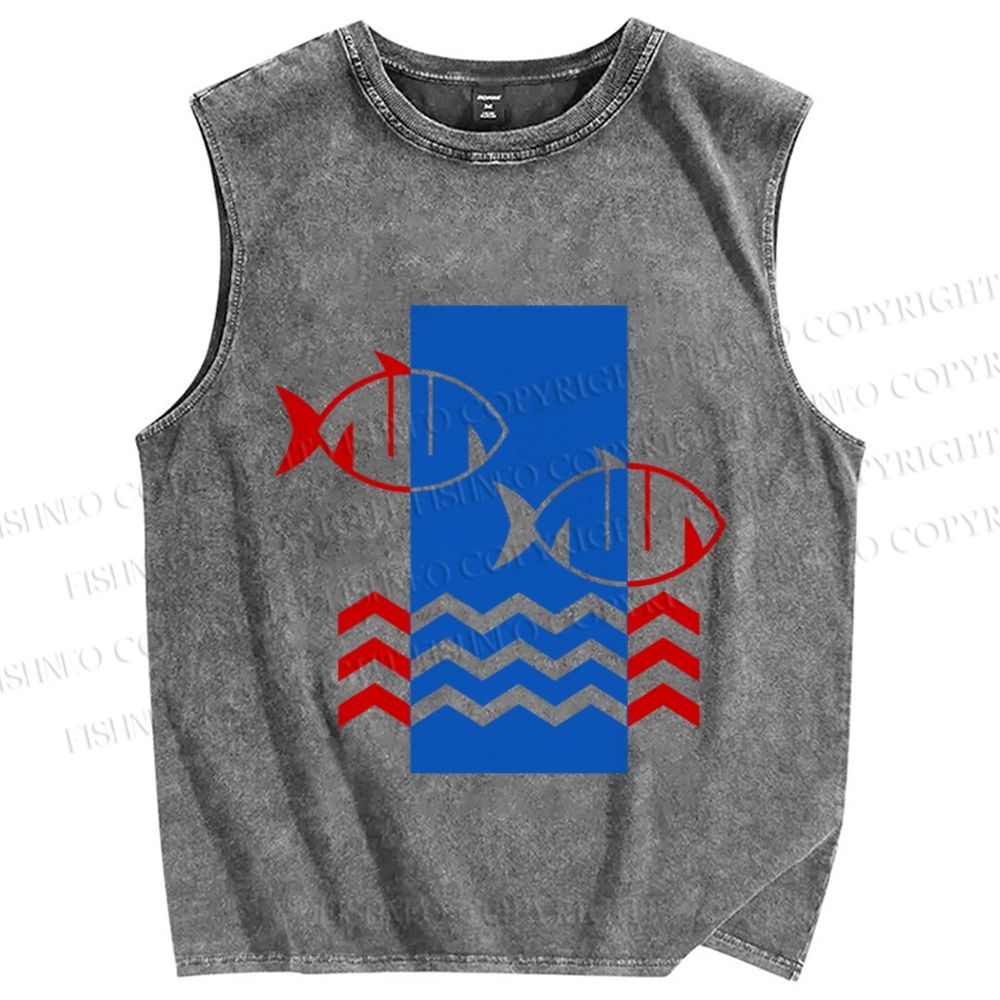 Unisex Geometry Fish Printed Washed Tank Top