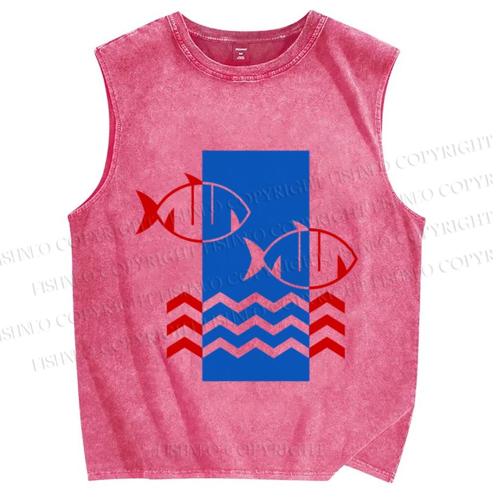 Unisex Geometry Fish Printed Washed Tank Top