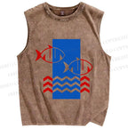 Unisex Geometry Fish Printed Washed Tank Top