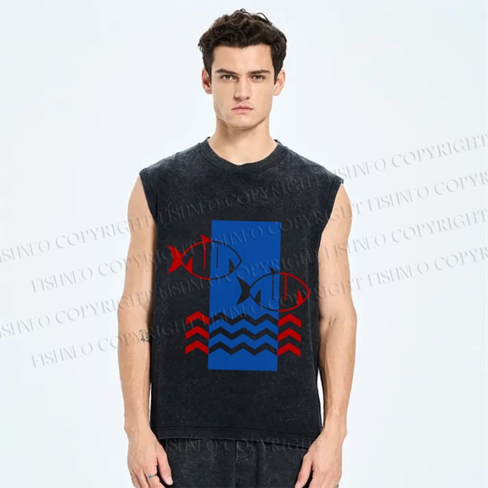 Unisex Geometry Fish Printed Washed Tank Top