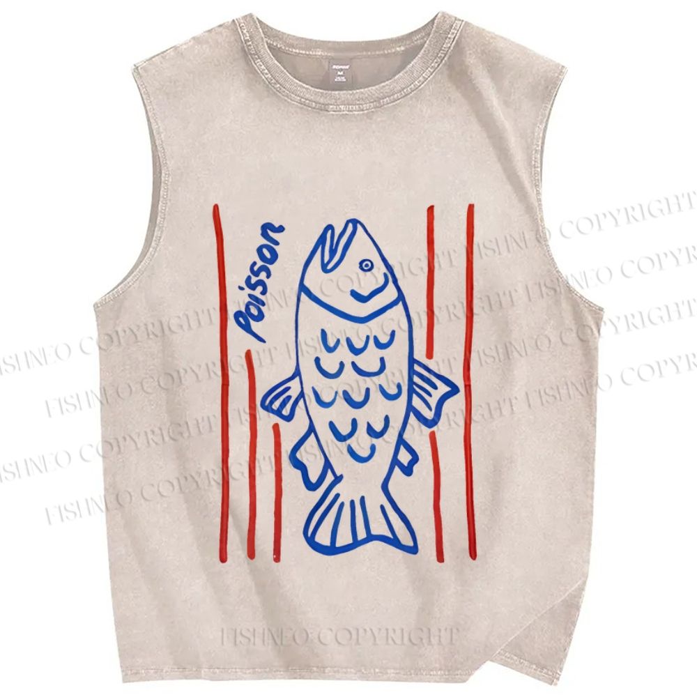 Unisex Poisson Fish Printed Washed Tank Top