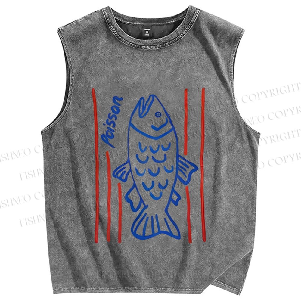 Unisex Poisson Fish Printed Washed Tank Top