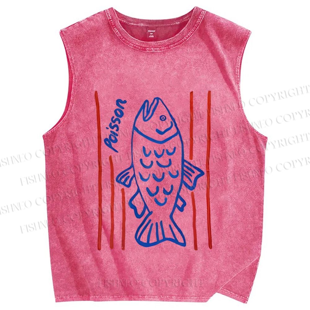 Unisex Poisson Fish Printed Washed Tank Top