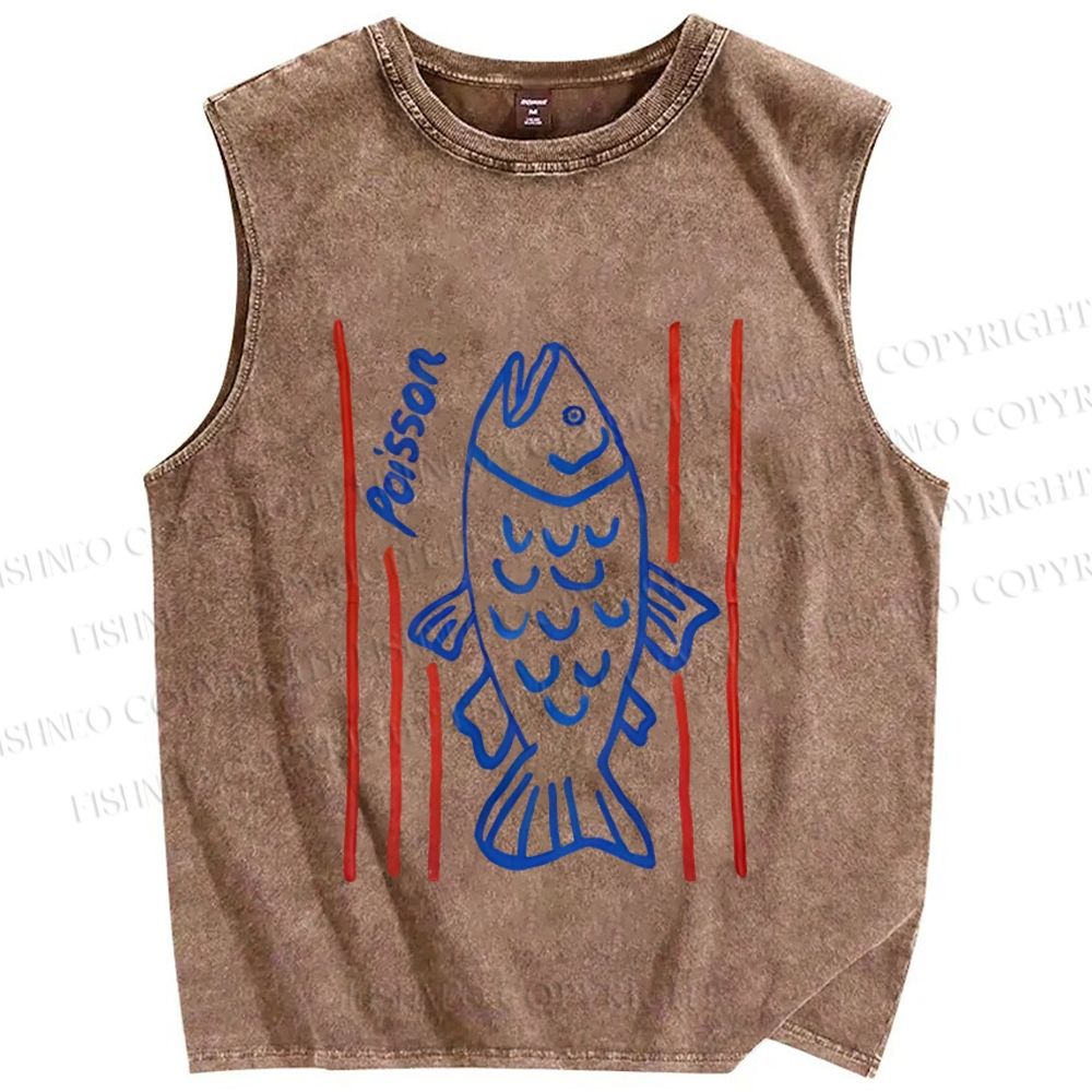 Unisex Poisson Fish Printed Washed Tank Top