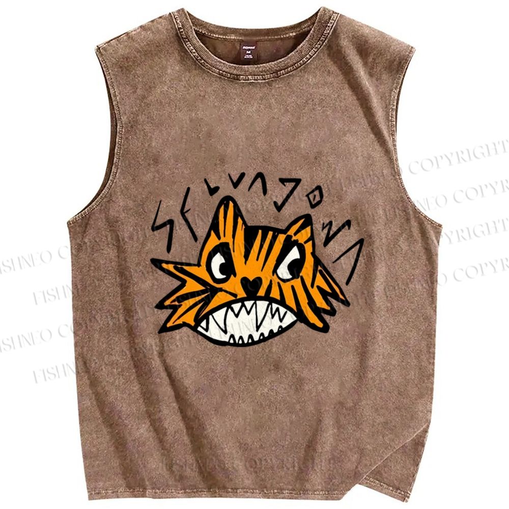 Unisex Funny Tiger Printed Washed Tank Top