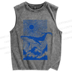 Unisex Japanese Art Wave Whale Sunset Printed Washed Tank Top