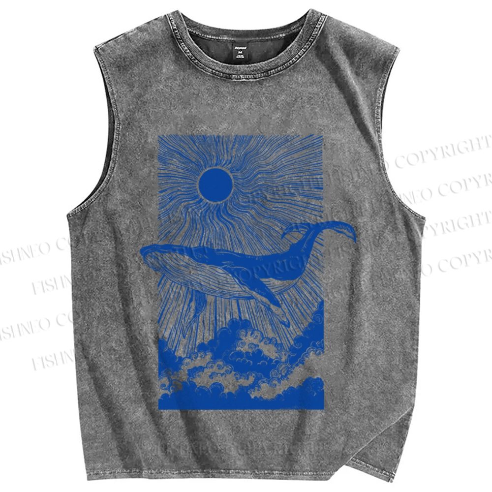 Unisex Japanese Art Wave Whale Sunset Printed Washed Tank Top