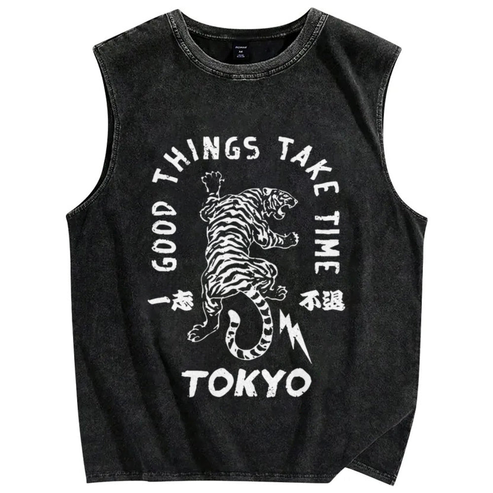 Good Things Take Time Tiger Vintage Distressed Washed Tank Top