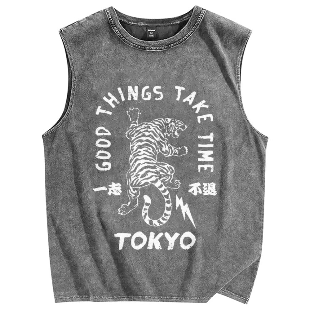 Good Things Take Time Tiger Vintage Distressed Washed Tank Top