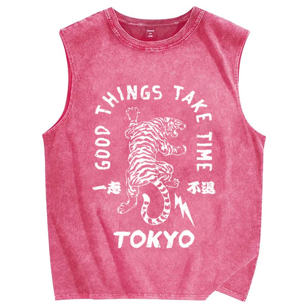 Good Things Take Time Tiger Vintage Distressed Washed Tank Top