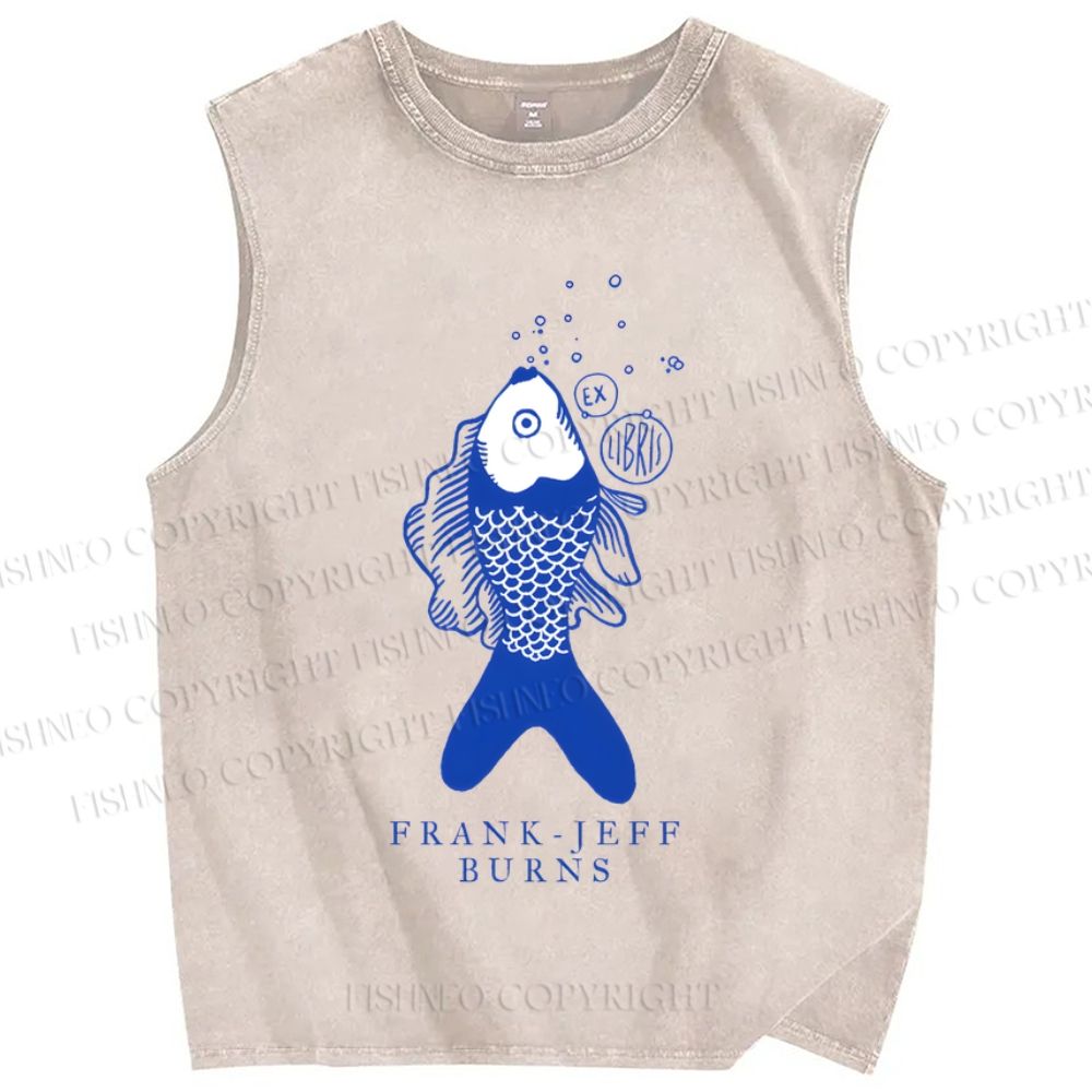 Unisex Vintage Fish Printed Washed Tank Top
