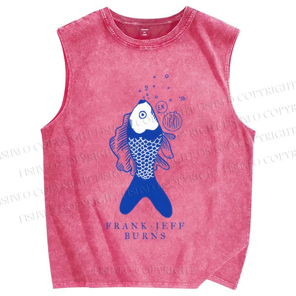 Unisex Vintage Fish Printed Washed Tank Top