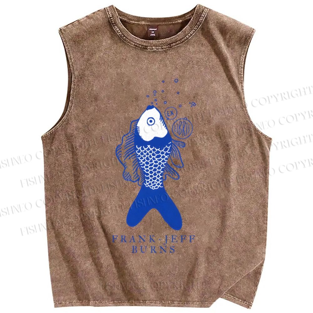 Unisex Vintage Fish Printed Washed Tank Top
