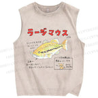 Unisex Cartoon Fish Printed Washed Tank Top