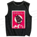 Unisex Japanese Cat Poster Printed Washed Tank Top