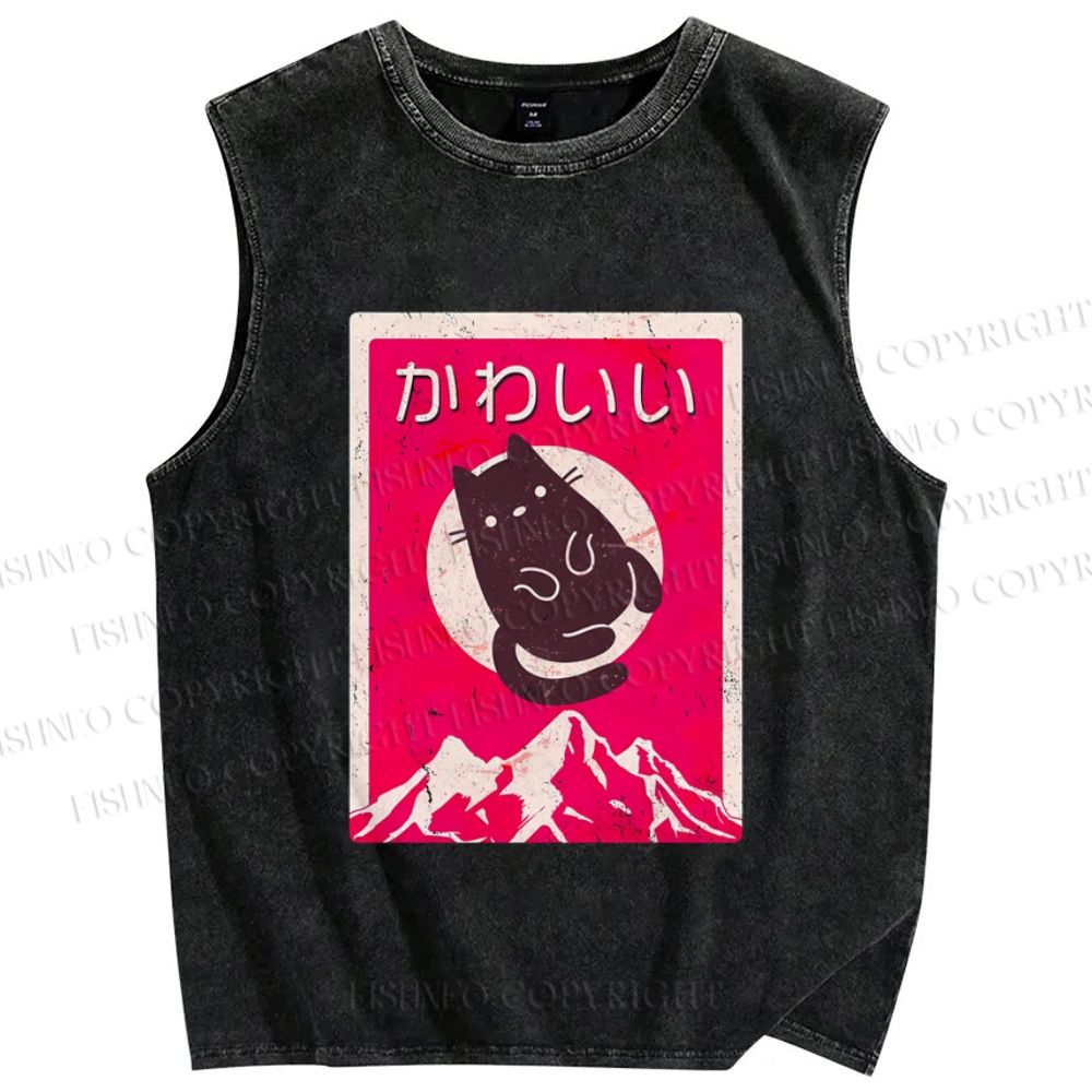 Unisex Japanese Cat Poster Printed Washed Tank Top