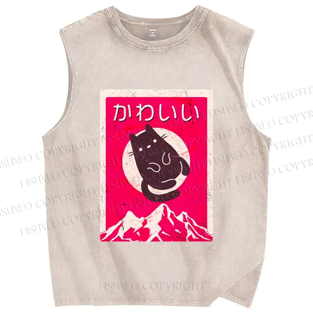 Unisex Japanese Cat Poster Printed Washed Tank Top