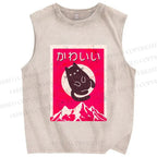 Unisex Japanese Cat Poster Printed Washed Tank Top