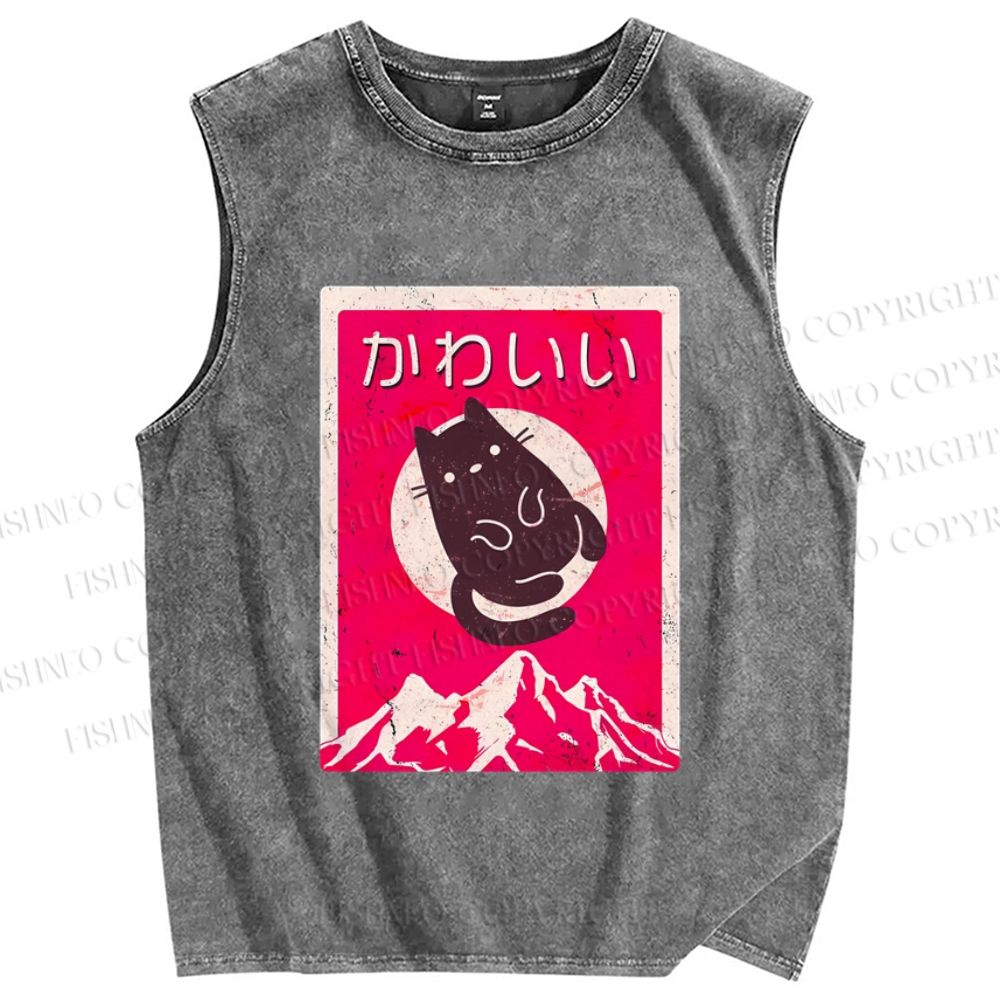 Unisex Japanese Cat Poster Printed Washed Tank Top