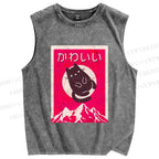 Unisex Japanese Cat Poster Printed Washed Tank Top