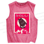 Unisex Japanese Cat Poster Printed Washed Tank Top