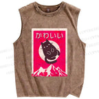 Unisex Japanese Cat Poster Printed Washed Tank Top
