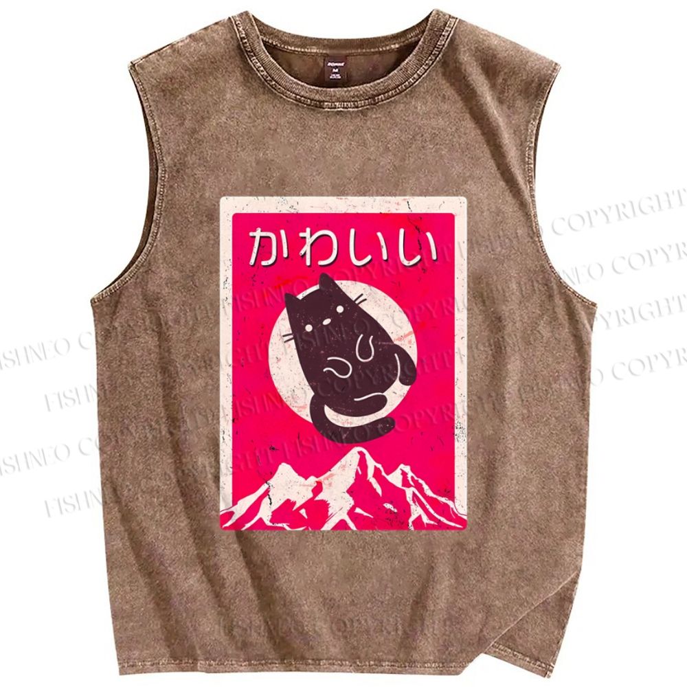 Unisex Japanese Cat Poster Printed Washed Tank Top