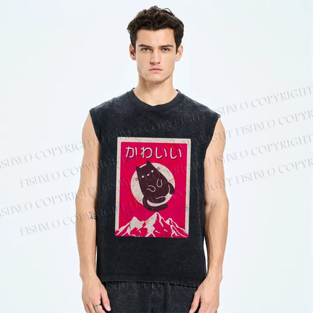 Unisex Japanese Cat Poster Printed Washed Tank Top