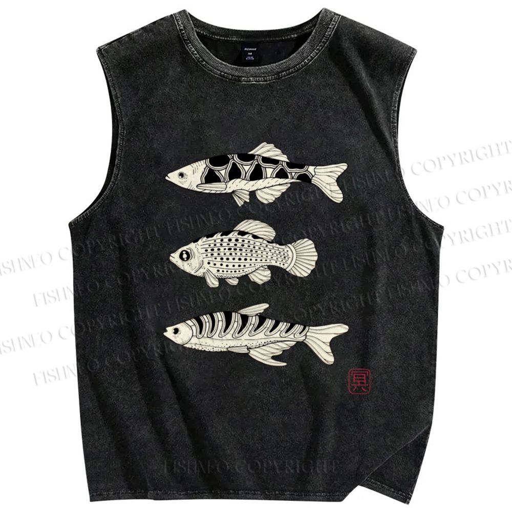 Unisex Vintage Fish Printed Washed Tank Top