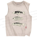 Unisex Vintage Fish Printed Washed Tank Top