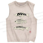 Unisex Vintage Fish Printed Washed Tank Top