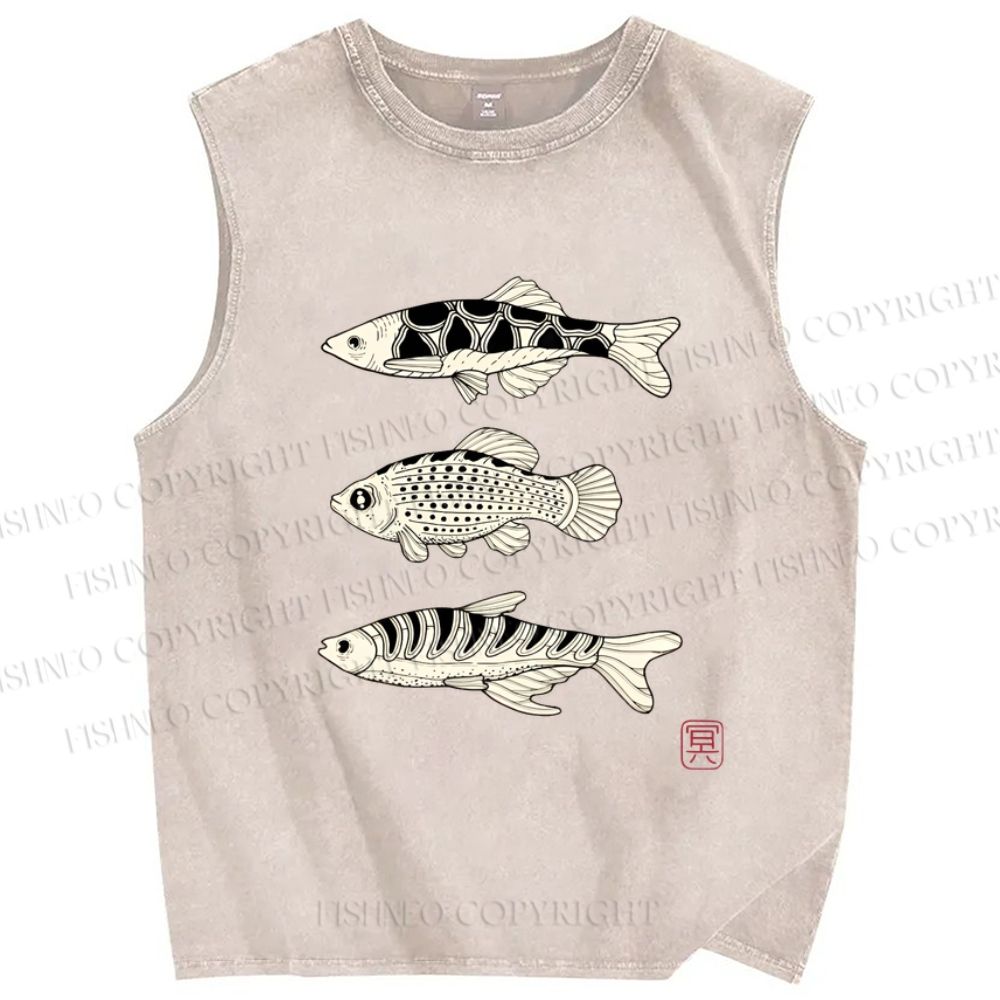 Unisex Vintage Fish Printed Washed Tank Top