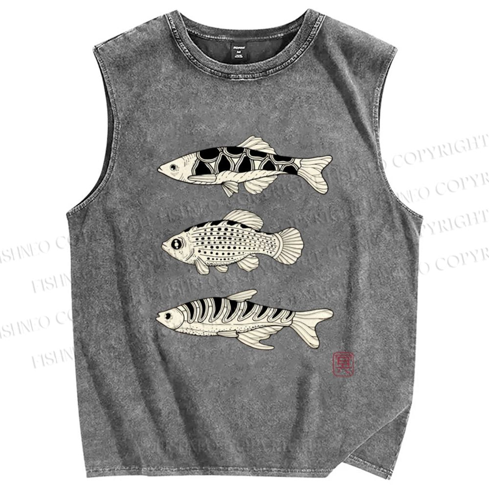 Unisex Vintage Fish Printed Washed Tank Top