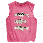 Unisex Vintage Fish Printed Washed Tank Top