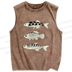 Unisex Vintage Fish Printed Washed Tank Top