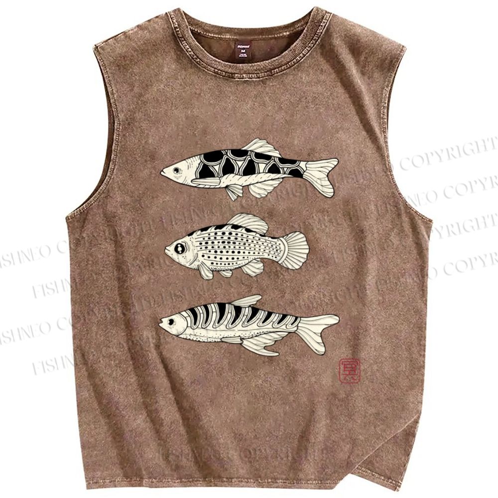 Unisex Vintage Fish Printed Washed Tank Top