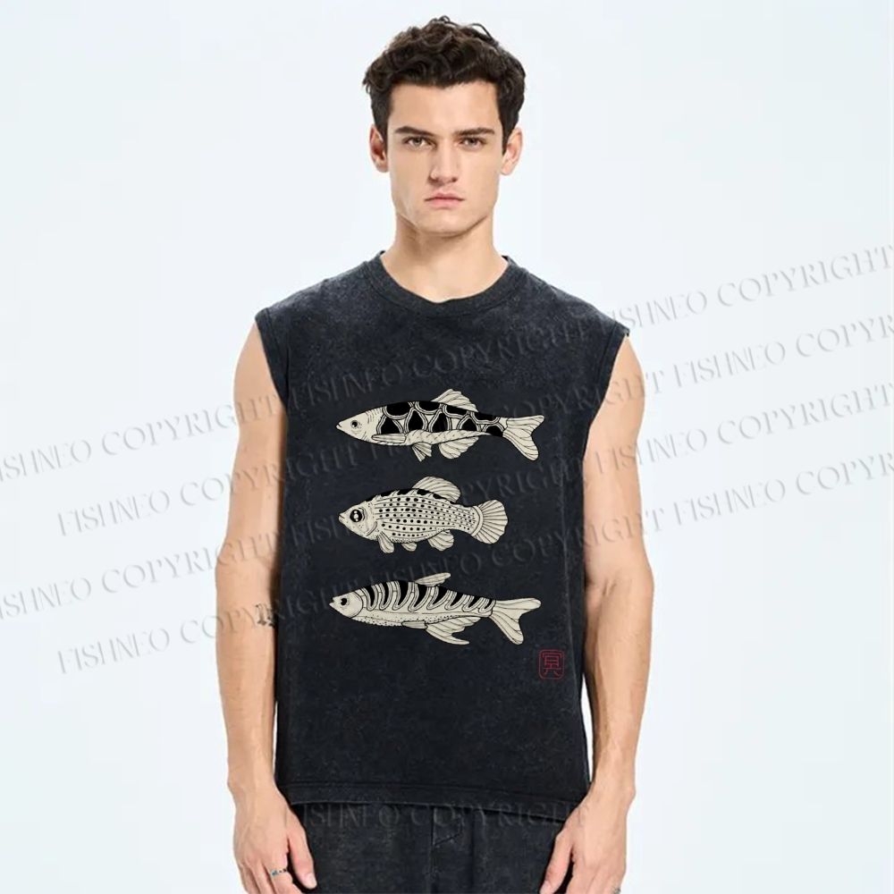 Unisex Vintage Fish Printed Washed Tank Top