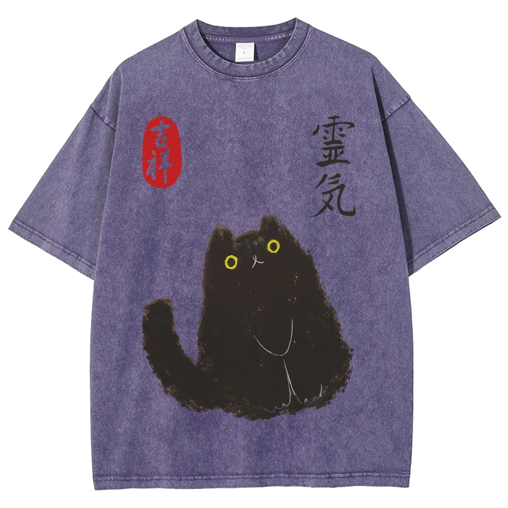 Lucky Cat Black Cat Vintage Wash Japanese Design T-Shirt