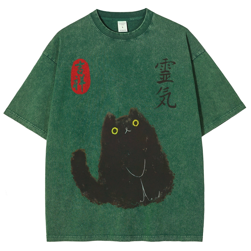 Lucky Cat Black Cat Vintage Wash Japanese Design T-Shirt