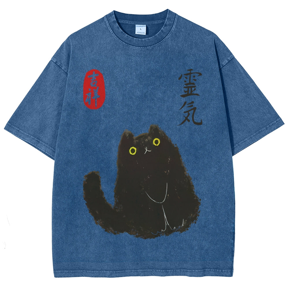 Lucky Cat Black Cat Vintage Wash Japanese Design T-Shirt
