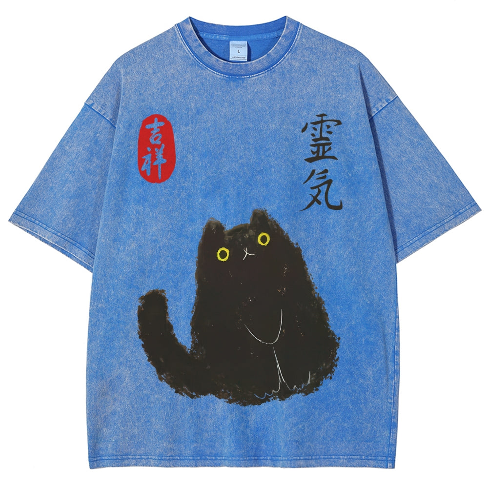 Lucky Cat Black Cat Vintage Wash Japanese Design T-Shirt