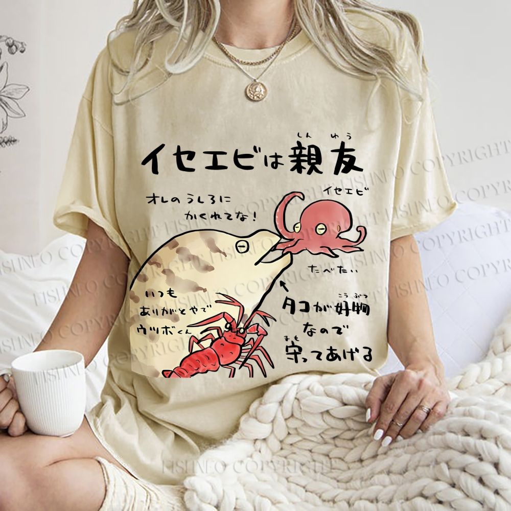 Unisex Japanese Art Octopus Printed Washed Tee