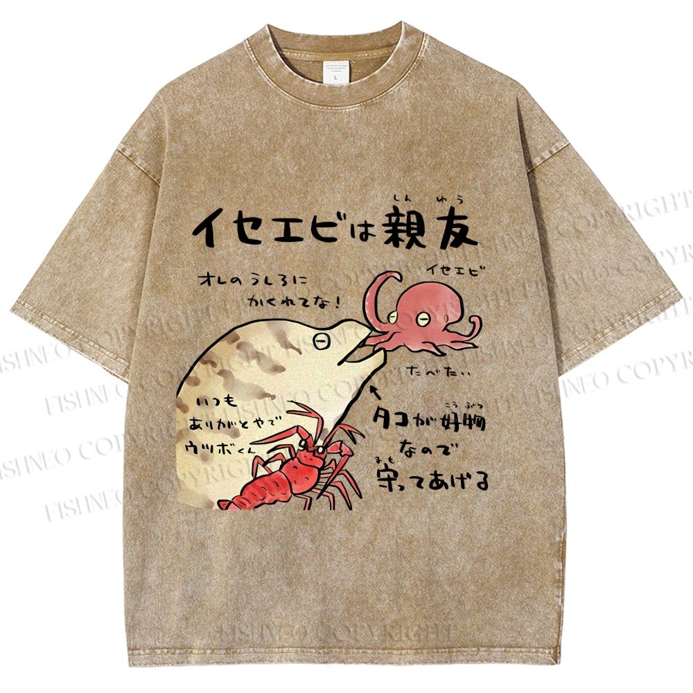 Unisex Japanese Art Octopus Printed Washed Tee